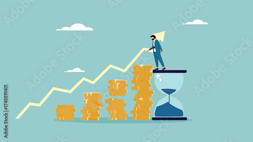 long term investment concept, Growth Earning From Compound Interest In Long Term Investing, businessman makes financial growth graph by stacking gold coins on top of hourglass vector illustration

