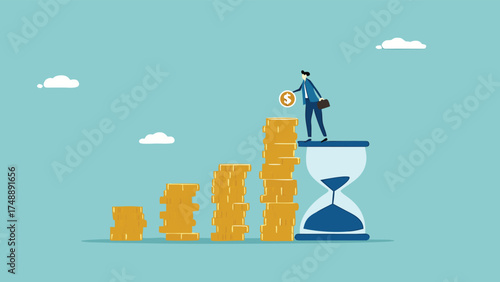 long term investment concept, Growth Earning From Compound Interest In Long Term Investing, businessman makes financial growth graph by stacking gold coins on top of hourglass vector illustration

