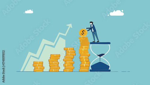 long term investment concept, Growth Earning From Compound Interest In Long Term Investing, businessman makes financial growth graph by stacking gold coins on top of hourglass vector illustration

