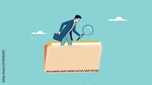 Document, search or file archive, office contract concept, research papers or documentation files, company documents archive, businessman looking for files in a document file using a magnifying glass
