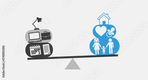 Balancing Work and Family Life Conceptual Illustration for Time Management, Stress Reduction, and Achieving Work-Life Harmony in Modern Society.