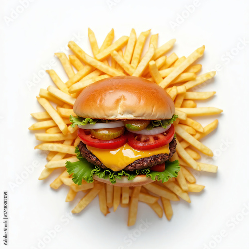 Overhead view of deluxe cheeseburger and stacked french fries on white background