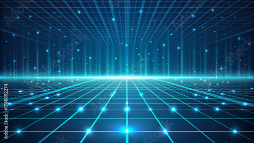 Glowing grid technology background futuristic floor horizon light particles digital space neon matrix perspective