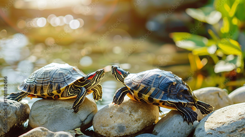 Naklejka premium Two redeared slider turtles interacting on rocks near water
