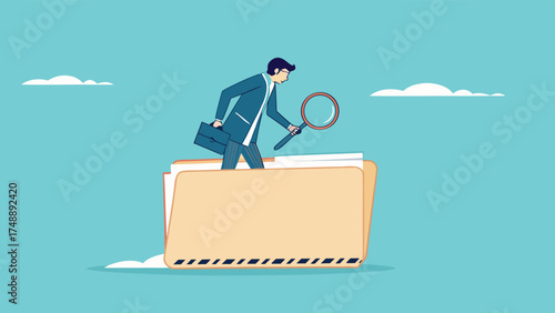 Document, search or file archive, office contract concept, research papers or documentation files, company documents archive, businessman looking for files in a document file using a magnifying glass
