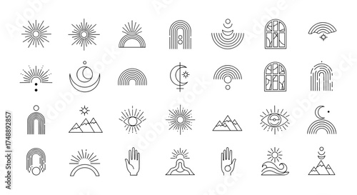 Boho line art icons. Esoteric symbols. Mystical sacred geometry. Sun, moon, stars, rainbow, mountain, all-seeing eye, magic hand. Vector logo for astrology, spiritual branding.