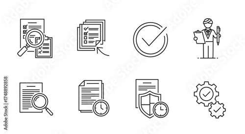 Business audit and quality control icon set. Thin line icons for compliance, inspection, and verification. Vector symbols of checklist, approval, process management, and report analysis.