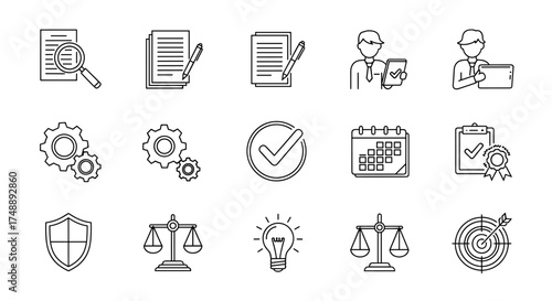 Compliance and business process line icon set. Quality management, legal regulation, corporate policy, and strategy. Audit, contract signing, certification, and goal setting.