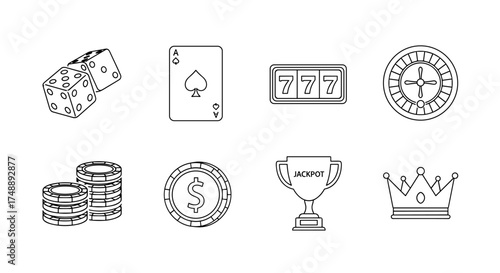 Casino gambling icons vector set, including dice, ace of spades playing card, 777 slot machine, roulette wheel, poker chips, casino coin, jackpot trophy, and crown symbols for gaming entertainment