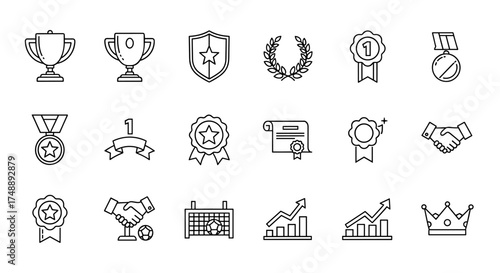 Trophy medal handshake success achievement icons set. Award certificate shield laurel badge crown. Winner number one champion leader business goal progress graph. Victory ceremony vector collection.