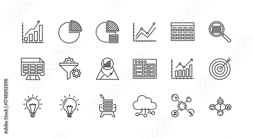Data analysis business intelligence icons. Analytics and statistics icon set with pie chart, bar graph, dashboard, growth, filter, target, cloud computing. Visualization and marketing concept.