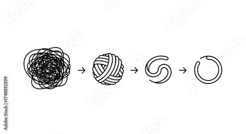 Chaos to order concept. From tangled scribble to simple circle. Metaphor for problem solving, organization, finding a solution, and the process of therapy or coaching.