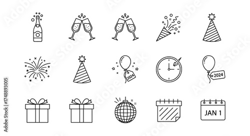 New Year's Eve party line icon set. Happy New Year celebration outline symbols collection. Vector icons of champagne, fireworks, clock, calendar, gifts for holiday graphic design.
