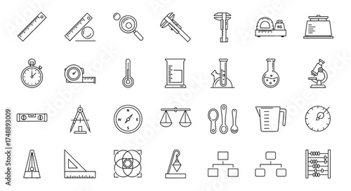 Measurement and science thin line icon set. Vector symbols for education, lab research in physics, chemistry. Precision instrument and equipment collection for measuring.