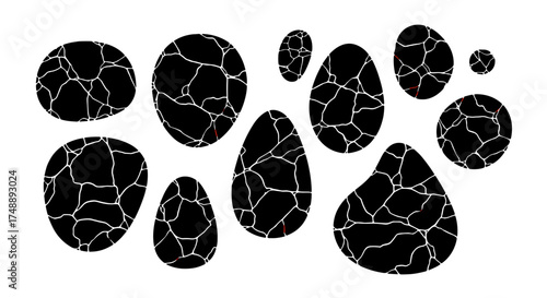 Set of abstract black stones with a glowing crackle texture. Vector illustration of organic shapes like eggs with a web pattern. Kintsugi style decorative elements design.