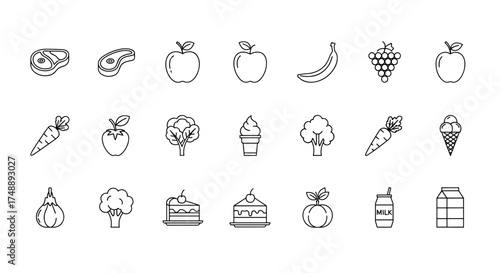Food and drink icon set in a minimalist line art style. Vector collection of various groceries including fruit, vegetables, meat, cake, ice cream, and milk for design.