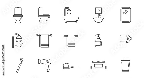 Bathroom Essentials Vector Icons Set. Toilet, Bathtub, Shower, Sink, Mirror, Towel, Soap Dispenser, Toilet Paper, Toothbrush, Hair Dryer, Trash Can. Hygiene Cleanliness Concepts Home Interior Decor