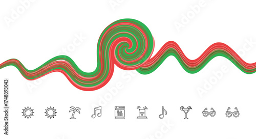 Summer beach party vector illustration. Abstract vibrant red and green sound wave. Icon set includes sun, palm tree, music note, dj speaker, cocktail, and sunglasses.