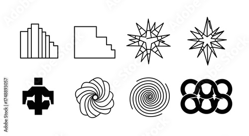 Set of universal geometric icons. Collection of abstract symbols. Star, spiral, stairs, chart, interlocking rings. Modern minimalist design elements for logo creation.