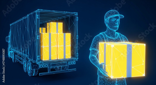 Delivery National Delivery Drivers Day Loading and Transporting Packages by Worker at Delivery Truck in Digital Neon Style, Logistics Industry, Side View