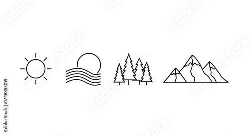 Nature and travel icon set. Sun, sunset over sea waves, pine forest trees, and mountain peaks. Simple line art vector illustration for adventure, hiking, and outdoor concepts.