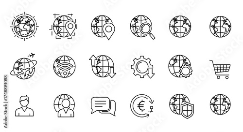 Global business line icon set. Vector symbols for e-commerce, international trade, worldwide shipping, online shopping, travel, internet, communication, security, and finance.