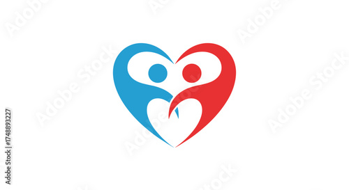 Love heart people logo. Concept for family care, couple relationship, charity, and community support. Metaphor for togetherness, unity, and teamwork. Two abstract figures.