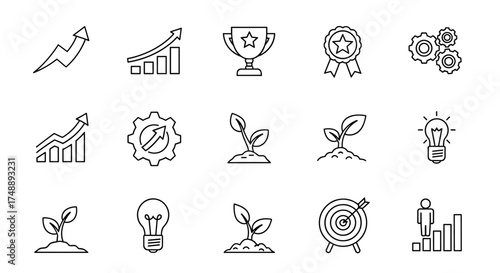 Business growth and success icon set. Vector line icons for development, startup, achievement, and performance. Includes trophy, award, idea lightbulb, target, and chart.