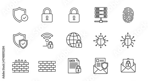 Cyber security line icon collection. Data protection, internet privacy, network defense, virus scan, malware detection, firewall, fingerprint biometric access, and server safety.