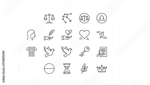 Libra zodiac sign vector line icon set. Astrology horoscope symbols. Scales of justice, law, balance, harmony, relationship, peace, dove, key, crown, hourglass icons.