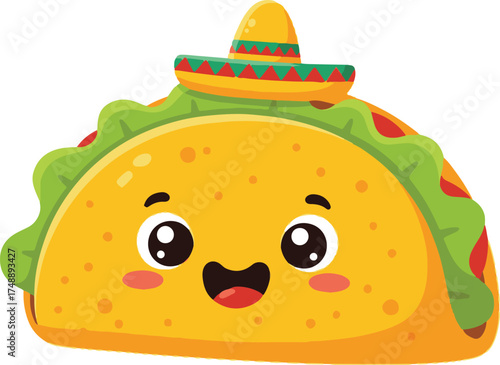 Cheerful cartoon taco wearing a sombrero, with a friendly face and colorful fillings, isolated on white.