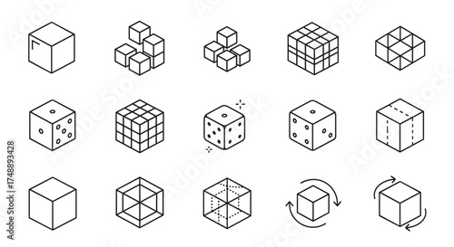 3D cube and dice icon set. Geometric shapes in outline style, diverse forms, dice with dots, isometric perspective, rotating cubes, minimalist design, board game elements.