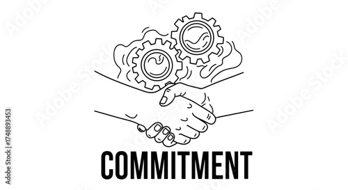 Commitment concept vector. Handshake with gears symbol of business partnership, agreement and deal. Metaphor for teamwork, collaboration, cooperation and synergy process.