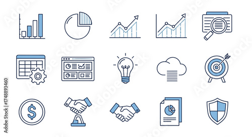 Business line icon set. Data analysis, finance, marketing strategy. Growth chart, success graph, idea lightbulb, security shield, goal, report, cloud data, partnership.