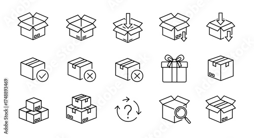 Shipping box icon set line art. Package delivery and logistics symbols. Parcel return, open, closed, gift wrap, cargo tracking, order management vector collection.
