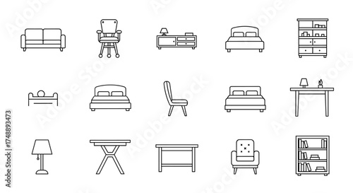 Furniture line icon set for interior design. Vector collection of isolated outline symbols. Home living room and bedroom furniture pictograms: sofa, bed, chair, table, lamp.