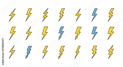 Lightning bolt vector icon set. Thunder flash symbol collection. Electricity power sign. Energy charge concept. Danger storm weather element. Electric shock graphic design.