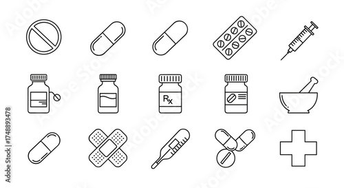 Medicine and pharmacy icon set. Healthcare linear pictograms. Pills, capsule, syringe, Rx prescription, thermometer, plaster, first aid cross. Vector symbols collection.