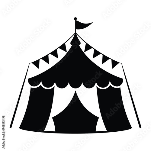 Black silhouette of a classic circus tent with flags and bunting