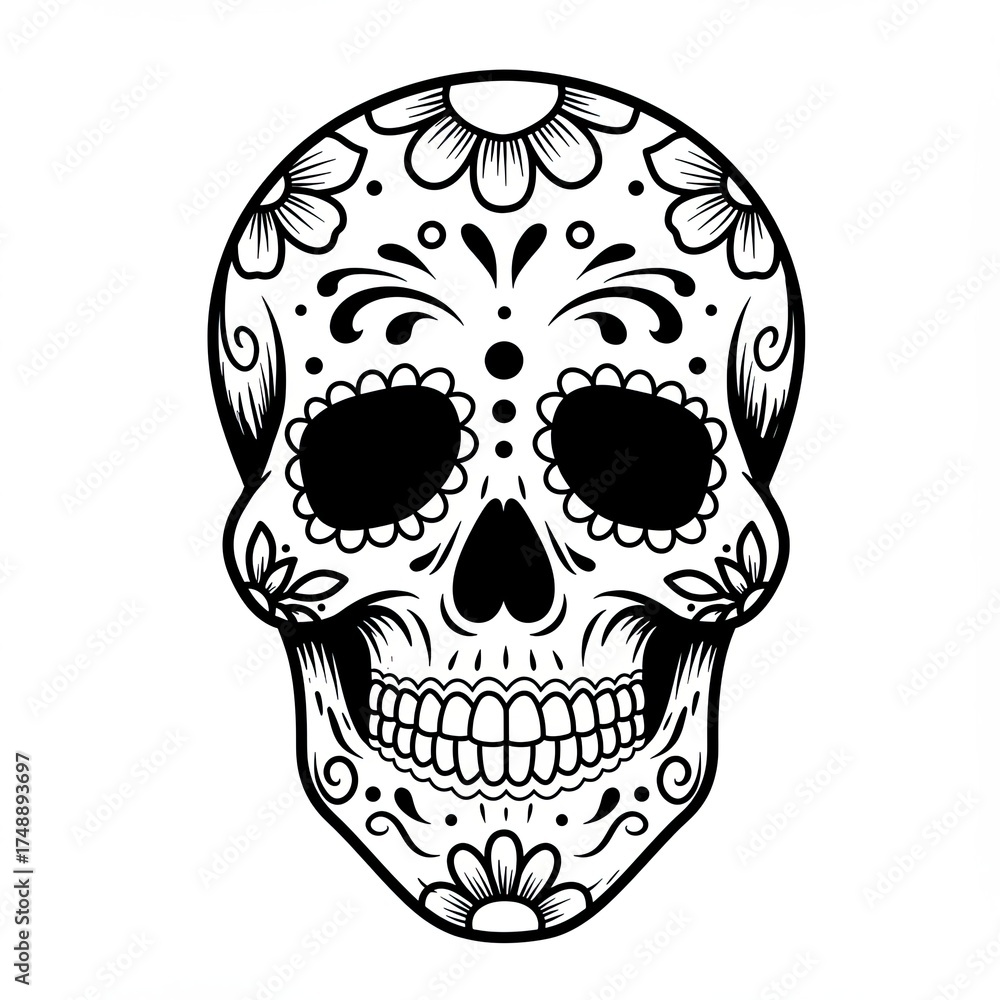 Fototapeta premium The decorated sugar skull, outlined boldly in black, displays many floral patterns and designs, representing a Día de Muertos celebration on plain, white background.