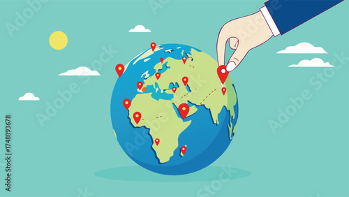 Businessman hand put new branch pin on world map across globe.Global business expansion, open company branches, franchise in new location to cover all continent. growing business worldwide concept

