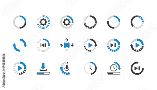 Vector set of loading circle icons. Progress bar, refresh, update. Download, play, pause buttons. Video player interface symbols. UI, UX elements for web and mobile app design.