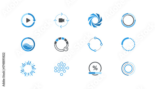 Vector icon set of loading and progress indicators. Circular preloaders, buffering spinners, and status bars for UI and UX design. Video player and refresh symbols collection.