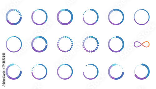 Vector set of loading circle icons. Progress bar indicator for UI and UX design. Buffering, waiting, upload, and download status symbols for web and app interface elements.