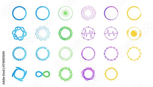 Vector set of loading circle icons, progress rings, and buffering spinners. Collection of animated futuristic UI elements, technology symbols, and abstract data graphics for web and video.