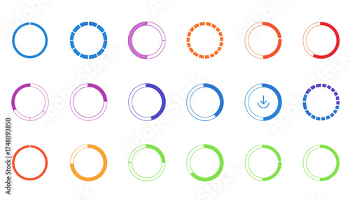 Vector set of colorful circular loading indicators. Progress bar and spinner icons for UI UX web design. Download and buffering animation elements for video and applications.