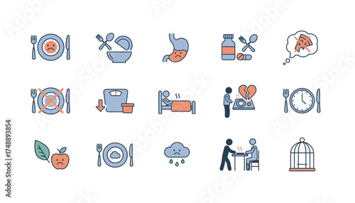Loss of appetite and eating disorder vector icon set. Concepts of anorexia, depression, mental health, weight loss, diet, food refusal, sickness, and malnutrition symptoms.