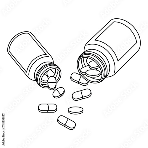 Two sketch style bottles spilling out pills and capsules