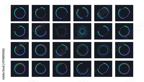 Set of vibrant circular loading indicators. Vector progress bar and spinner icons for UI design. Futuristic neon gradient elements for web, app and video animation technology.