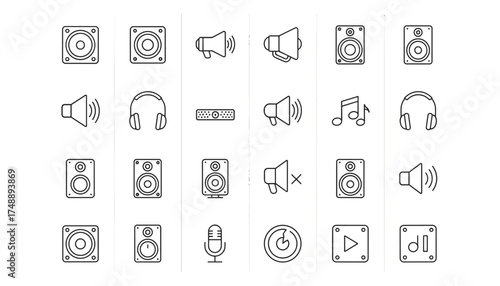 Audio line icon set. Speakers, headphones, microphone, volume control. Music and sound symbols. Vector illustration for web, app, ui. Megaphone, soundbar pictogram.